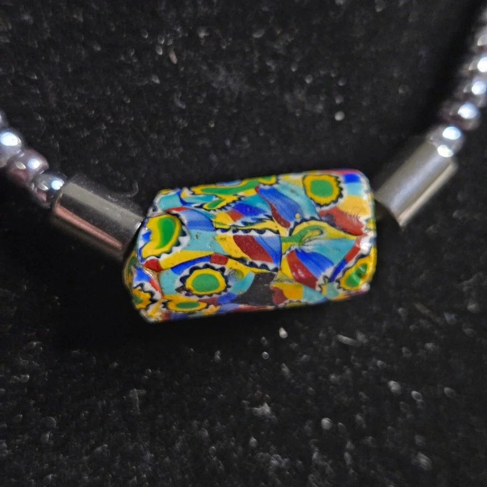 Vintage Millefiori Murano Glass Barrel Bead Necklace Hematite Tone Beaded 17